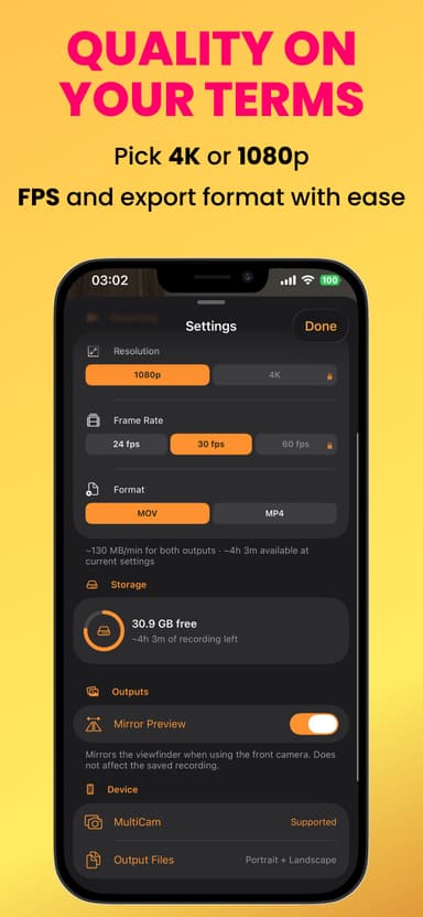 DualView – 4K 1080p resolution fps and MOV MP4 format settings